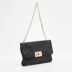 Pre Owned MICHAEL Michael Kors Black Python Embossed Leather Turnlock Shoulder Bag