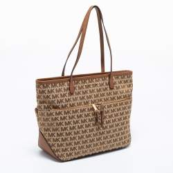 Pre Owned حقيبة يد توتس مايكل كورس كمبتون جلد وكانفاس بيج / بني بالشعار