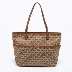 Pre Owned حقيبة يد توتس مايكل كورس كمبتون جلد وكانفاس بيج / بني بالشعار