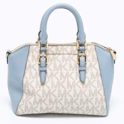 Pre Owned حقيبة ساتشل مايكل مايكل كورس سيارا جلد وكانفاس أبيض / أزرق بالشعار