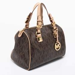 Pre Owned MICHAEL Michael Kors Brown/Beige Signature Coated Canvas and Leather Grayson Boston Bag