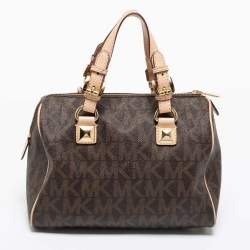 Pre Owned MICHAEL Michael Kors Brown/Beige Signature Coated Canvas and Leather Grayson Boston Bag