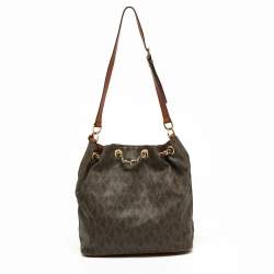 Pre Owned MICHAEL Michael Kors Dark Brown Signature Coated Canvas and Leather Frankie Drawstring Bucket Bag