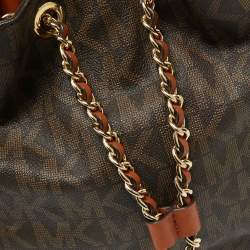 Pre Owned MICHAEL Michael Kors Dark Brown Signature Coated Canvas and Leather Frankie Drawstring Bucket Bag