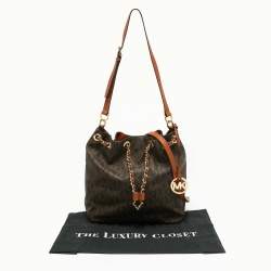 Pre Owned MICHAEL Michael Kors Dark Brown Signature Coated Canvas and Leather Frankie Drawstring Bucket Bag