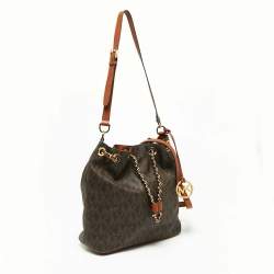 Pre Owned MICHAEL Michael Kors Dark Brown Signature Coated Canvas and Leather Frankie Drawstring Bucket Bag