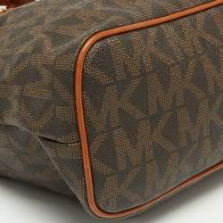 Pre Owned MICHAEL Michael Kors Dark Brown Signature Coated Canvas and Leather Frankie Drawstring Bucket Bag