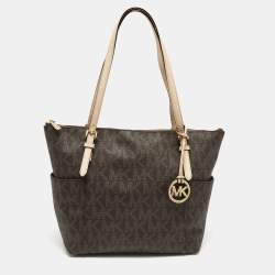 Pre Owned MICHAEL Michael Kors Dark Brown/Beige Signature Coated Canvas and Leather Jet Set Top Zip Tote