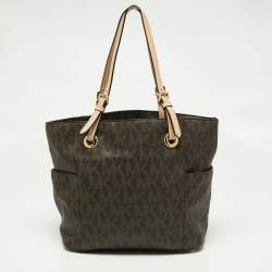 Pre Owned MICHAEL Michael Kors Brown/Beige Signature Coated Canvas and Leather Jet Set Tote