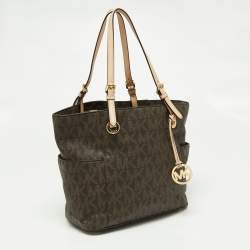 Pre Owned MICHAEL Michael Kors Brown/Beige Signature Coated Canvas and Leather Jet Set Tote