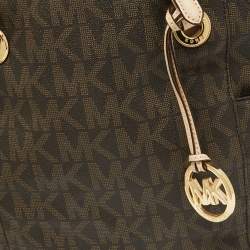 Pre Owned MICHAEL Michael Kors Brown/Beige Signature Coated Canvas and Leather Jet Set Tote