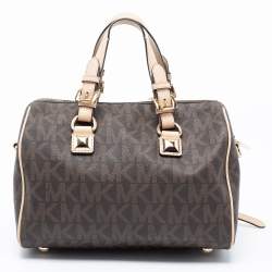 Pre Owned MICHAEL Michael Kors Brown/Beige Signature Coated Canvas and Leather Grayson Boston Bag