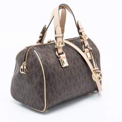 Pre Owned MICHAEL Michael Kors Brown/Beige Signature Coated Canvas and Leather Grayson Boston Bag