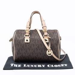 Pre Owned MICHAEL Michael Kors Brown/Beige Signature Coated Canvas and Leather Grayson Boston Bag