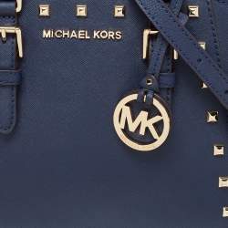 Pre Owned MICHAEL Michael Kors Navy Blue Leather Studded Ciara Satchel