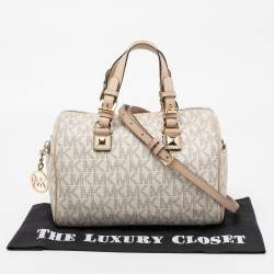 Pre Owned MICHAEL Michael Kors White/Beige Signature Coated Canvas and Leather Grayson Boston Bag