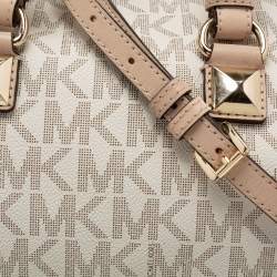 Pre Owned MICHAEL Michael Kors White/Beige Signature Coated Canvas and Leather Grayson Boston Bag