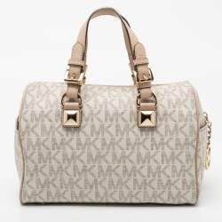 Pre Owned MICHAEL Michael Kors White/Beige Signature Coated Canvas and Leather Grayson Boston Bag
