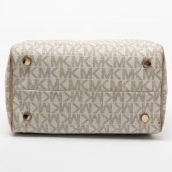 Pre Owned MICHAEL Michael Kors White/Beige Signature Coated Canvas and Leather Grayson Boston Bag