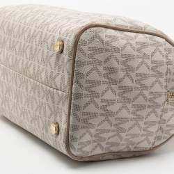 Pre Owned MICHAEL Michael Kors White/Beige Signature Coated Canvas and Leather Grayson Boston Bag