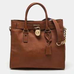 Michael Kors Hamilton Lock Large Tote Hand Bag Logo Cream Brown