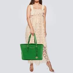 Pre Owned Michael Kors Green Saffiano Leather Large Jet Set Travel Tote