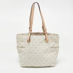 مملوكة مسبقًا MICHAEL Michael Kors White Signature Coated Canvas and Leather Jet Set East West Tote