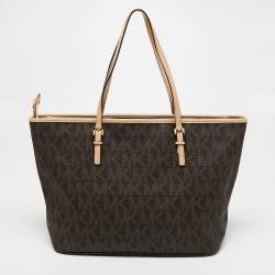 مملوكة مسبقًا حقيبة يد توتس مايكل كورس جيت ست جلد وكانفاس مقوى بشعار الماركة بيج/بني متوسطة  