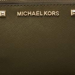 Pre Owned MICHAEL Michael Kors Olive Green Studded Leather Large Sandrine Zip Clutch