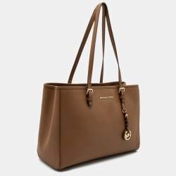 Pre Owned Michael Kors Brown Saffiano Leather Large Jet Set Travel Tote