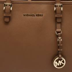 Pre Owned Michael Kors Brown Saffiano Leather Large Jet Set Travel Tote