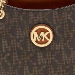Pre Owned MICHALE Michael Kors Brown Signature Coated Canvas Jet Set Travel Chain Tote