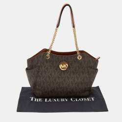 Pre Owned MICHALE Michael Kors Brown Signature Coated Canvas Jet Set Travel Chain Tote