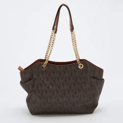 Pre Owned MICHALE Michael Kors Brown Signature Coated Canvas Jet Set Travel Chain Tote