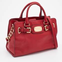 Pre Owned MICHAEL Michael Kors Red Leather Hamilton Plaque Tote
