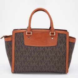 Pre Owned MICHAEL Michael Kors Brown Signature Coated Canvas and Leather Large Selma Tote
