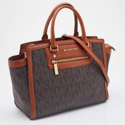Pre Owned MICHAEL Michael Kors Brown Signature Coated Canvas and Leather Large Selma Tote