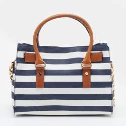 Pre Owned MICHAEL Michael Kors Navy Blue/White Leather Stripe Hamilton Tote