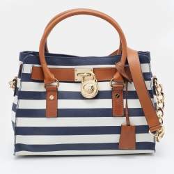 Pre Owned MICHAEL Michael Kors Navy Blue/White Leather Stripe Hamilton Tote