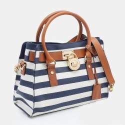 Pre Owned MICHAEL Michael Kors Navy Blue/White Leather Stripe Hamilton Tote