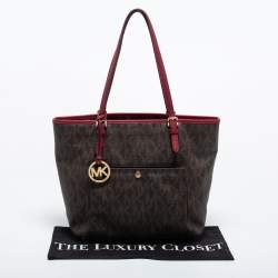 Pre Owned MICHAEL Michael Kors Brown/Burgundy Coated Canvas Jet Set Tote