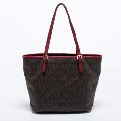Pre Owned MICHAEL Michael Kors Brown/Burgundy Coated Canvas Jet Set Tote
