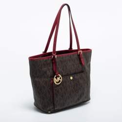 Pre Owned MICHAEL Michael Kors Brown/Burgundy Coated Canvas Jet Set Tote