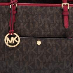 Pre Owned MICHAEL Michael Kors Brown/Burgundy Coated Canvas Jet Set Tote