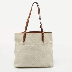 Pre Owned MICHAEL Michael Kors White/Brown Signature Canvas and Leather Lennox Tote