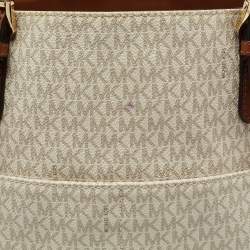 Pre Owned MICHAEL Michael Kors White/Brown Signature Canvas and Leather Lennox Tote