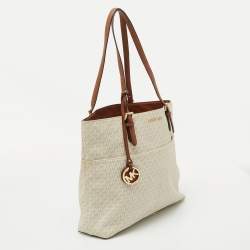 Pre Owned MICHAEL Michael Kors White/Brown Signature Canvas and Leather Lennox Tote