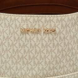 Pre Owned MICHAEL Michael Kors White/Brown Signature Canvas and Leather Lennox Tote