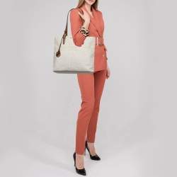 Pre Owned MICHAEL Michael Kors White/Brown Signature Canvas and Leather Lennox Tote