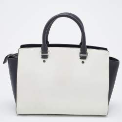 Pre Owned MICHAEL Michael Kors White/Black Leather Selma Satchel